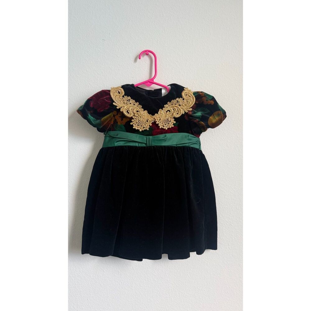 Vintage Peaches 'n Cream Girls 2T Black Velvet Christmas Holiday Party Dress